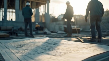 Construction workers examine architectural plans at a building site during sunset, showcasing teamwork and project planning.