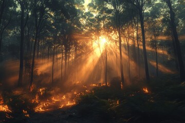 Forest in fire. close up view
