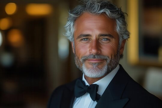 distinguished gentleman portrait silver fox warm smile timeless elegance soft lighting