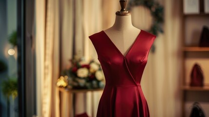 stylish burgundy dress displayed on a mannequin inside a boutique