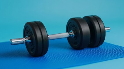 Black dumbbell on blue mat.