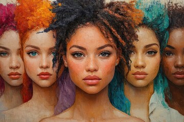 diverse group of women illustrated in vibrant colors various ethnicities and ages represented empowering and celebratory composition