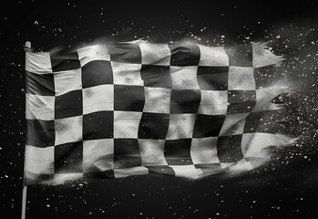 Checkered flag finish auto race fluttering in the wind. Black and white flag on a black background with glare effect