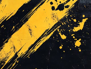 Abstract black and yellow paint splatters and brushstrokes on textured surface.