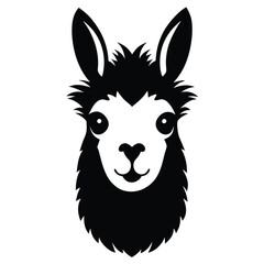 a black and white illustration of a llama's head. The llama has a round face with a small nose and a small mouth. Its eyes are large and round, and its ears are pointed upwards