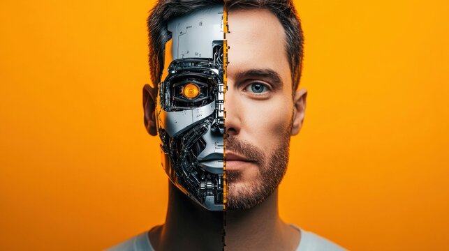 Half Human Half Cyborg Face Concept on Bright Orange Background