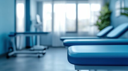 Clean and Organized Medical Treatment Room with Folded Blue Linens