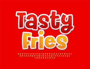 Vectors advertising label Tasty Fries for Cafe and Restaurant. Bright Sticker Font. Funny Alphabet Letters and Numbers set.
