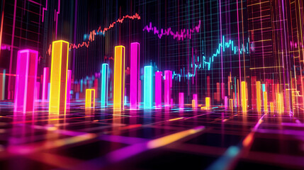 Futuristic 3D bar graph glowing with vibrant colors, representing growth, detailed grid and line graphs in the background, illuminated with neon tones in a high-tech digital space