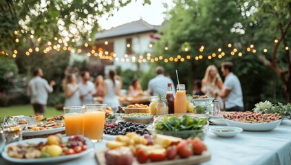 A vibrant outdoor table set with various dishes, fruits, and drinks during an afternoon party in front of the house The background features people laughing together as they dance around Generative AI