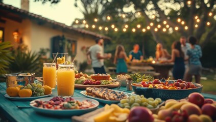 Naklejka premium A vibrant outdoor table set with various dishes, fruits, and drinks during an afternoon party in front of the house Generative AI