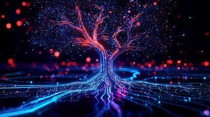 Futuristic AI decision tree glowing in neon, with biased branches being pruned for fairness, intricate data streams shaping the tree, advanced algorithmic visuals