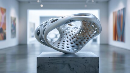 Abstract white sculpture on a pedestal in a modern gallery.