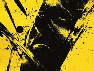Abstract Black and Yellow Splashes with a Face Emerging