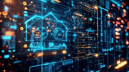 Fototapeta premium Futuristic concept of regulatory frameworks for AI, intricate data structures representing governance, algorithmic transparency, and compliance, glowing legal and tech symbols