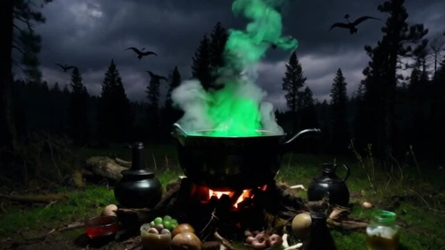 Mystical witch s cauldron with steam rising, witch cauldron on fire
