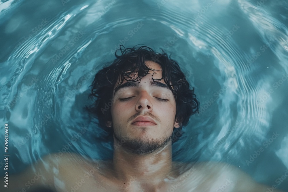 Poster serene man floating in tranquil water with a calm expression in peaceful meditation symbolizing rela