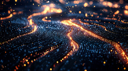 Futuristic visualization of AI neural networks optimizing business processes, intricate data flows representing improved productivity and efficiency, glowing algorithmic paths