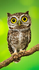 a  owl with yellow eyes against a isolated green background. 