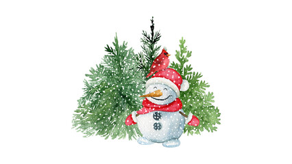 Snowman with Christmas tree isolated white