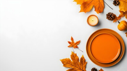Autumn Table Setting with Orange Plates  Candle  Fall Leaves and Pine Cones