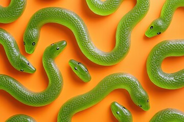 Naklejka premium Green gummy snakes on a vibrant orange background.