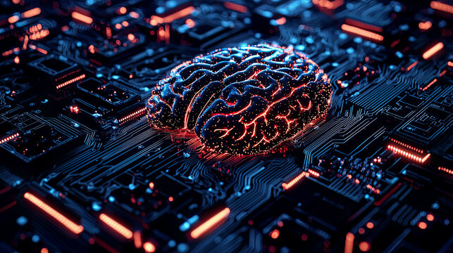 Intricate AI brain chip with human inhibitory synapse patterns, neuronal networks flowing through circuit boards, smart processors and memory visualization