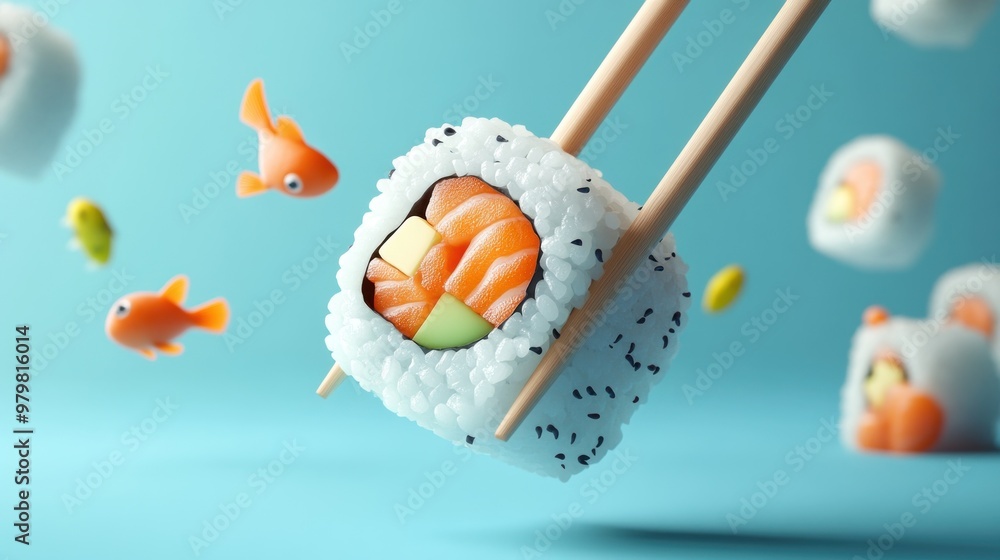 Poster A piece of sushi held by chopsticks, surrounded by playful fish in a vibrant setting.