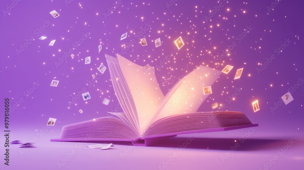 Poster an open book with glowing sparkles and floating images, symbolizing imagination and creativity.