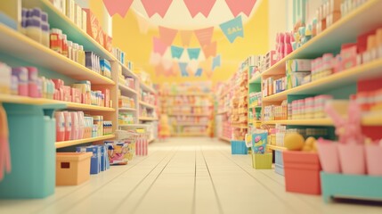 A colorful grocery store aisle filled with various products on shelves.