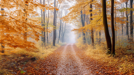 Fototapeta premium An autumn forest path with fallen leaves in Pumpkin Orange, Creamy White, and Espresso Brown, perfect for a peaceful and calming nature walk.