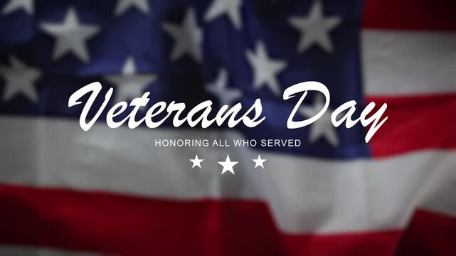 Thank you veterans. Happy Veterans Day Text Animation waving USA flag. Honoring all who served. Great for Veterans Day celebrations, ceremonies, greetings, banners. Animated Happy Veterans Day. 4K.