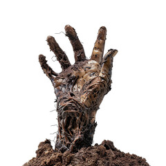 Fototapeta premium Zombie hand coming out of the ground on a white isolated background.