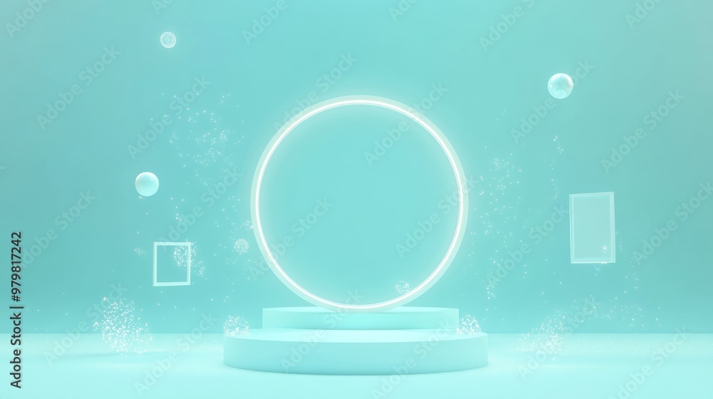 Poster a minimalist, glowing circular display on a pedestal with floating geometric shapes.