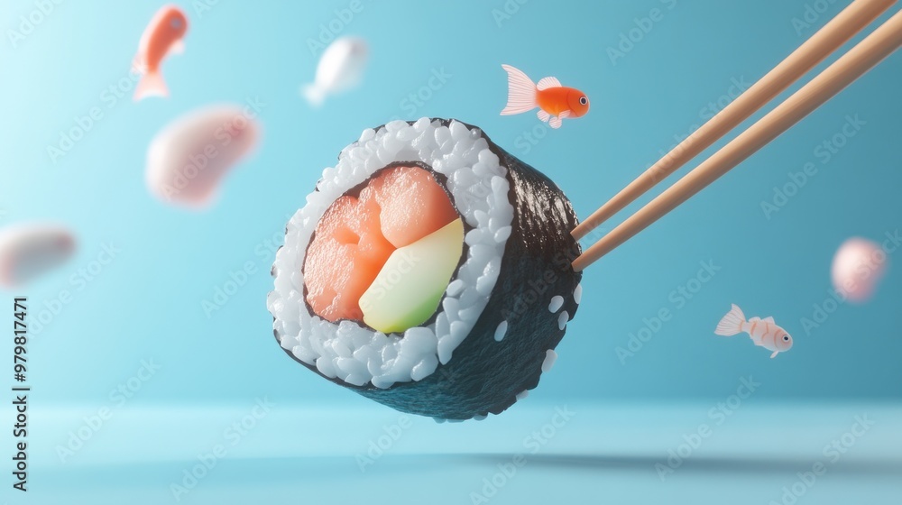 Sticker A vibrant sushi roll held with chopsticks, surrounded by playful animated fish.