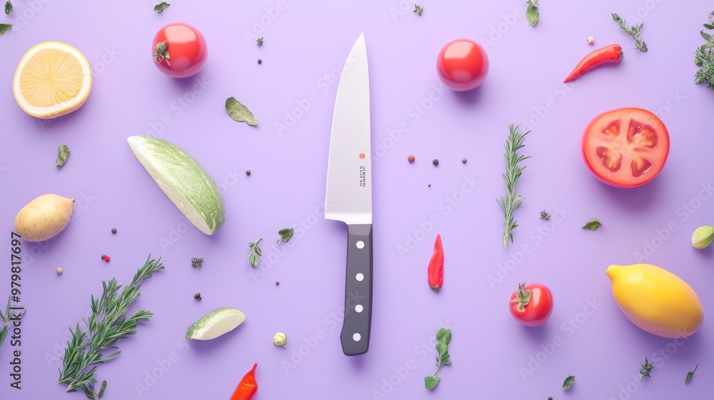 Canvas Prints A vibrant arrangement of fresh ingredients and a knife on a pastel background, ideal for cooking.