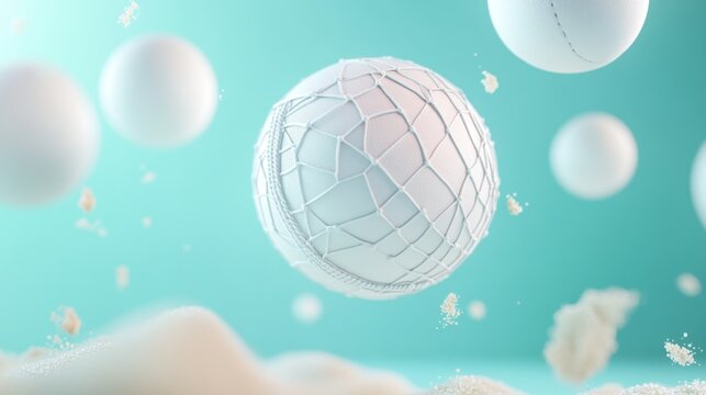 A floating textured ball amidst soft spheres and a sandy surface, showcasing a playful design.