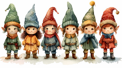 A whimsical group of six cheerful children in colorful winter attire and playful elf hats, ready for festive celebrations.