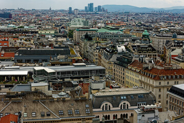 Time Lapse from the central tower with a view of the city of Vienna in Austria. The unique and colorful skyline combines the ancient classical and gothic with the contemporary with skyscrapers. 
