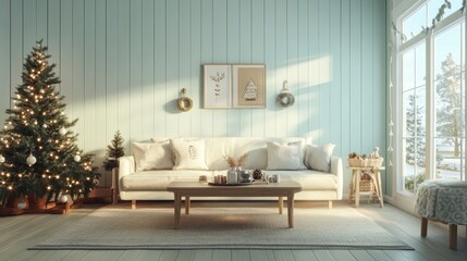 Cozy holiday living room with a decorated Christmas tree and winter scenery.
