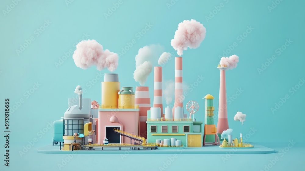 Wall mural A colorful industrial scene with factories, smokestacks, and whimsical elements.