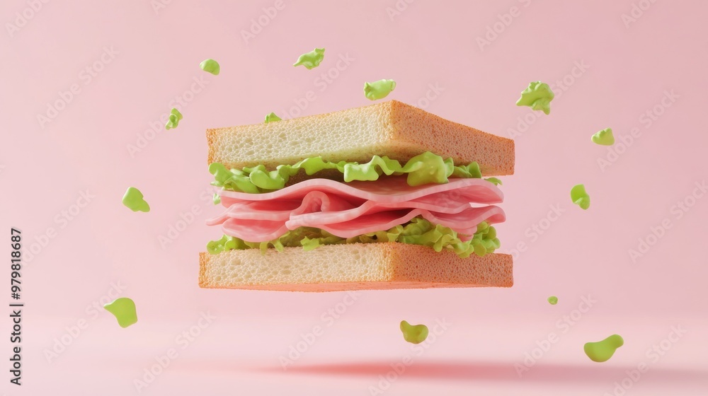 Wall mural A floating sandwich with lettuce and ham against a pink background.