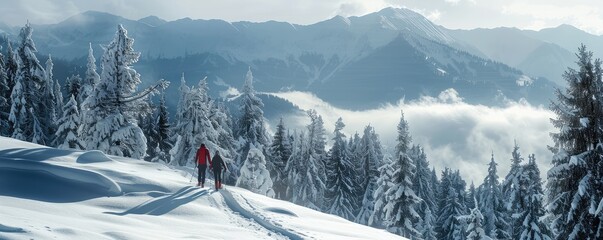 A couple in red jackets walking in the solitude of a snow-covered forest, the trees heavy with winter's touch Represents companionship in serenity.