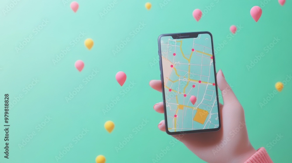 Poster a hand holds a smartphone displaying a map with colorful markers against a vibrant background.