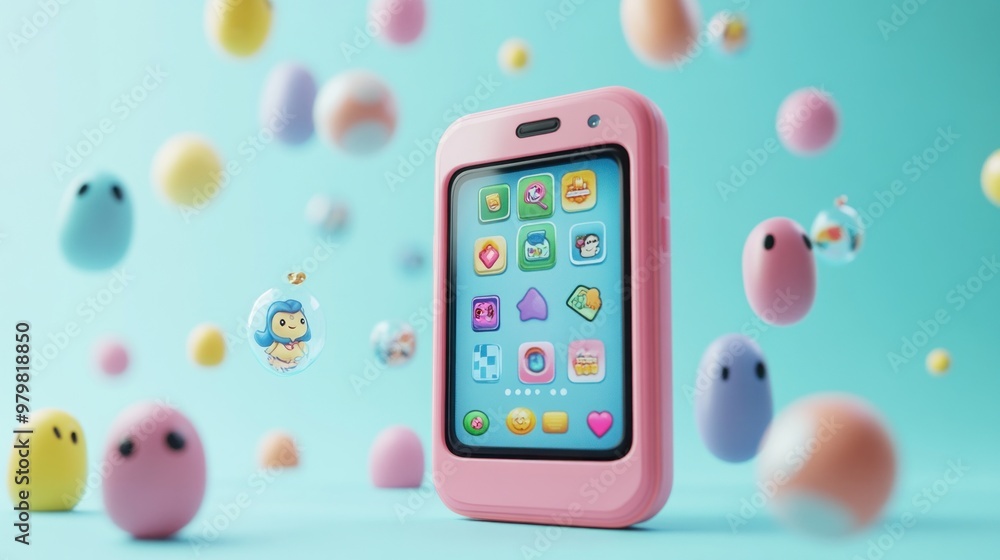 Wall mural A playful smartphone surrounded by colorful, whimsical characters and bubbles.