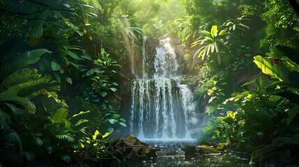 Fototapeta premium Brilliant cascade in the jungle surrounded by lush plants