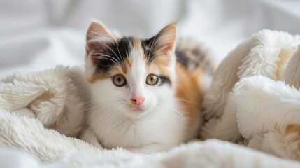 Adorable kitten on white blanket with unique nose Tricolor fur space for text
