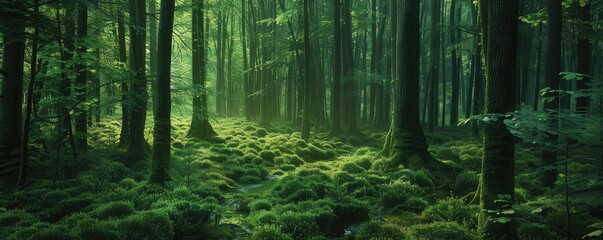 Beautiful forest scene bathed in sunlight with tall trees and lush green underbrush, evoking a sense of peace and wilderness.