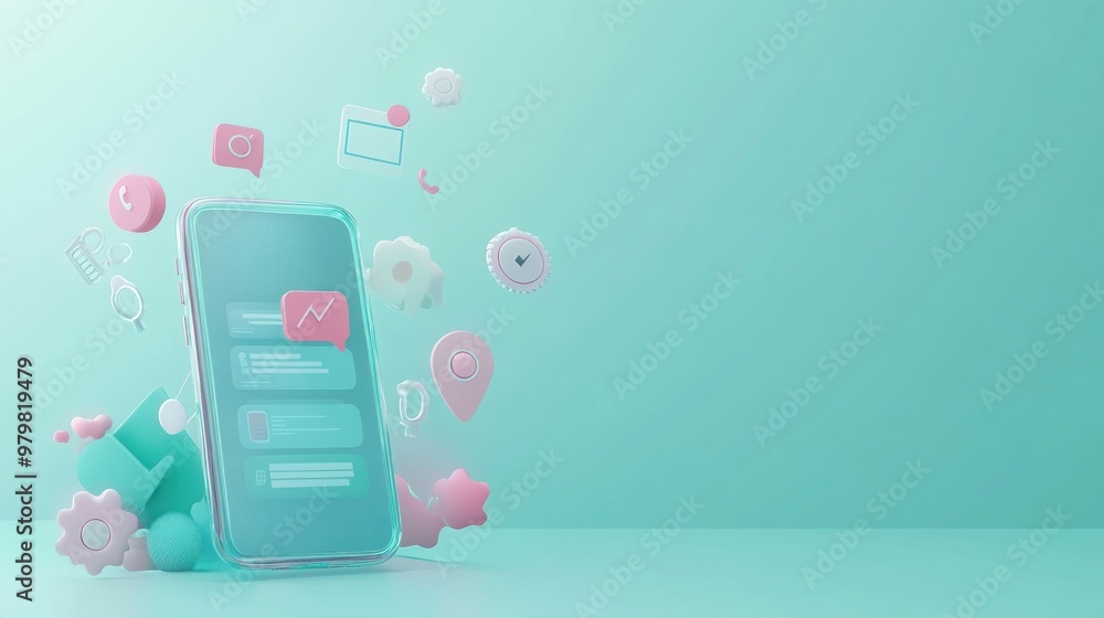 Poster a smartphone surrounded by colorful icons representing communication and technology.