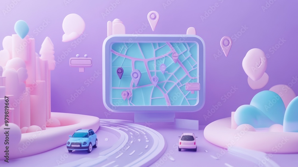 Poster a colorful, 3d map display with vehicles and location markers on a winding road.